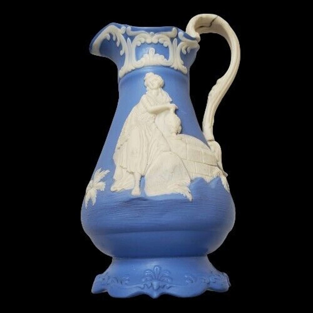 Vtg Sam Alcook and Co Pitcher Lady At The Well Light Blue and White 3D design